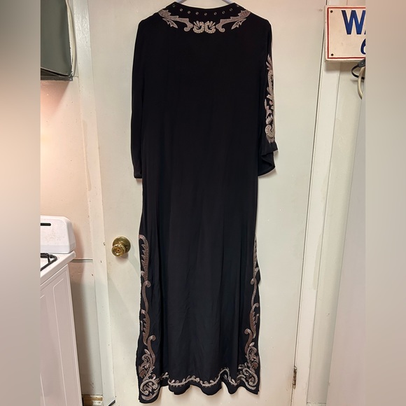 COCO CONTOURS Maxi Dress Embroidered Kaftan Tunic 100% Silk Black Small Kimono - Picture 2 of 6